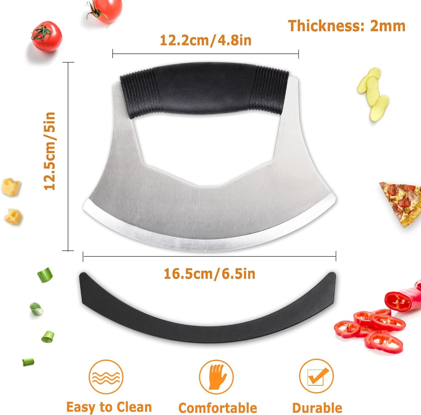 Salad Chopper Mezzaluna Knife with Protective Cover and Anti-Slip Handle - Stainless Steel Vegetable Cutter, Onion Chopper, Pizza Cutter