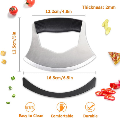 Salad Chopper Mezzaluna Knife with Protective Cover and Anti-Slip Handle - Stainless Steel Vegetable Cutter, Onion Chopper, Pizza Cutter