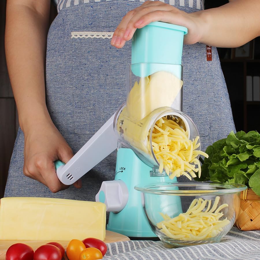 Ourokhome Rotary Cheese Grater Hand Crank, Kitchen Shredder Speed Mandolin Slicer Nut Grinder with Handle and Drum Blades for Cheese, Vegetable, Walnut, Chocolate, Potato, Carrot, 3 Blades, Dark Blue