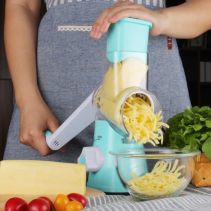 Ourokhome Rotary Cheese Grater Hand Crank, Kitchen Shredder Speed Mandolin Slicer Nut Grinder with Handle and Drum Blades for Cheese, Vegetable, Walnut, Chocolate, Potato, Carrot, 3 Blades, Dark Blue