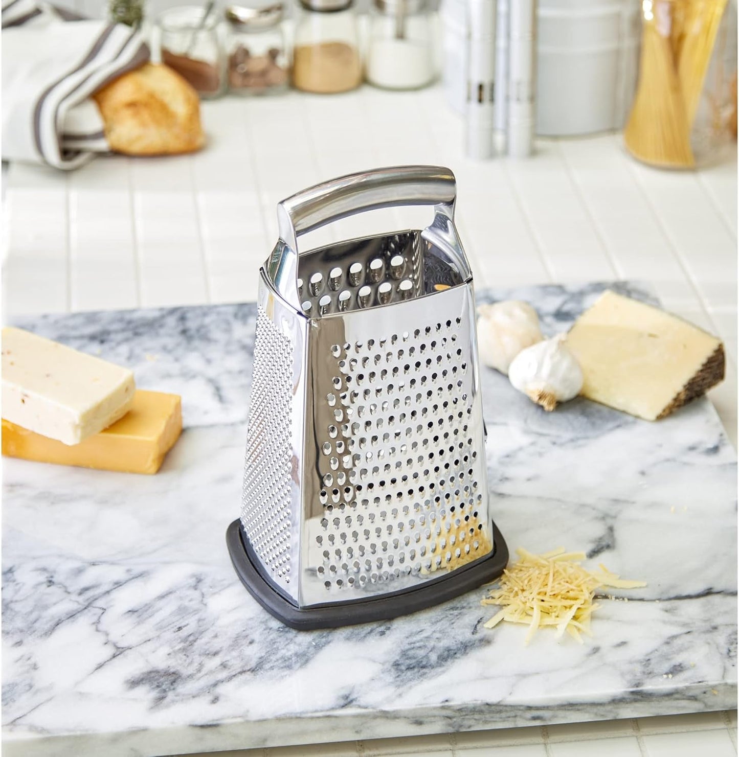 RSVP International Endurance Kitchen Collection Multi-Use Cheese Grater Handheld Potato Slicer Shredder for Hard & Soft Cheeses, Vegetables & Zesting, 6 x 5 x 9-3/4-Inch, Non-Slip Bottom
