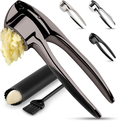 Zulay Kitchen Premium Garlic Press Set - Rust Proof Professional Garlic Mincer Tool - Easy-Squeeze, Easy-Clean with Soft, Ergonomic Handle - Silicone Garlic Peeler & Brush (Silver)