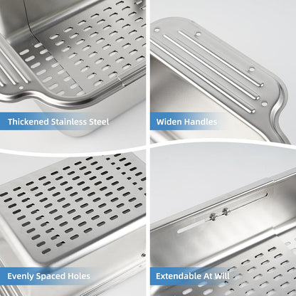 Over the Sink Colander Strainer Basket - ALL METAL Extendable Drain Colander for Wash Vegetables and Fruits Dry Dishes, 6 Quart Large Size, New Home Kitchen Essentials