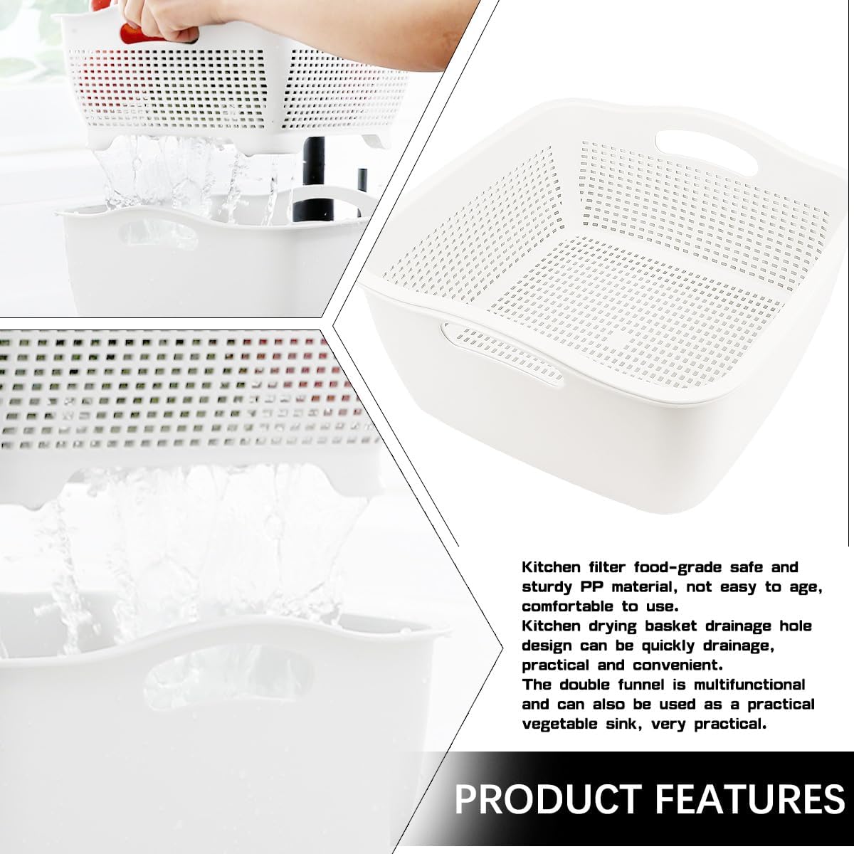 Double-layer Plastic Fruits Vegetable Washing Basket Food Storage Multi-layer Stackable Vegetable Sinks Wash Drain Basket for Kitchen (White)