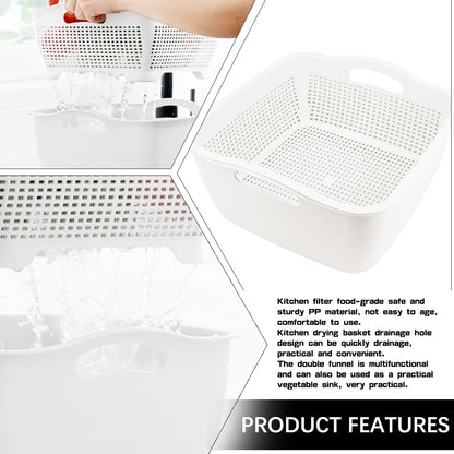 Double-layer Plastic Fruits Vegetable Washing Basket Food Storage Multi-layer Stackable Vegetable Sinks Wash Drain Basket for Kitchen (White)