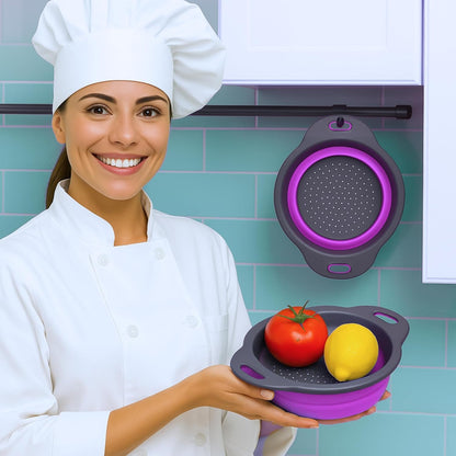 White Round Silicone Collapsible Colander – Silicone Round Kitchen Strainers with Plastic Handles Small Foldable Kitchen Strainer Perfect for Draining Pasta Vegetable and Fruit