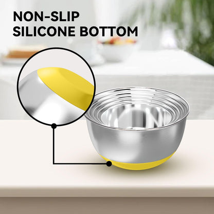 KITEISCAT Stainless Steel Mixing Bowls with Lids – Set of 5 Large Nesting Metal Bowls for Kitchen, Baking, Cooking, Food Prep & Storage, Non-Slip Base, Dishwasher Safe,Khaki