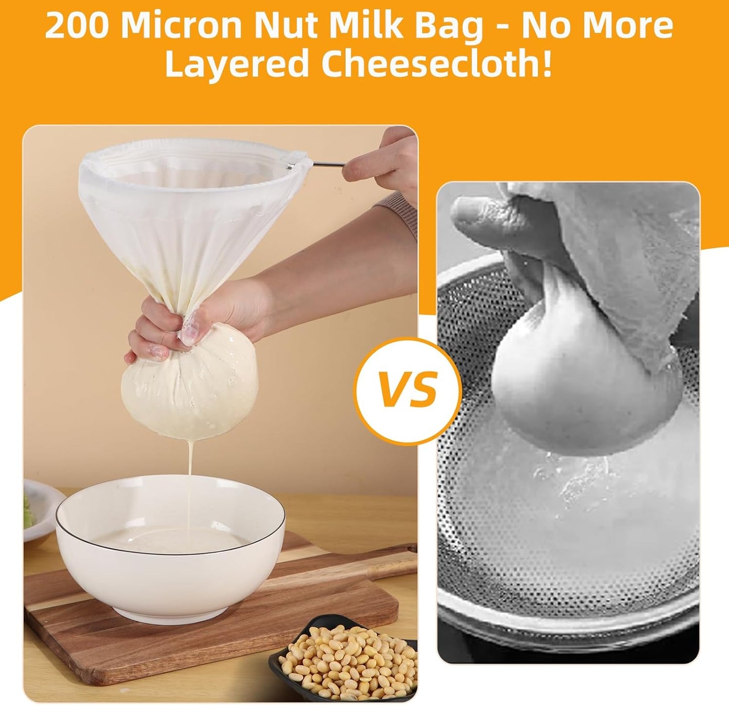 5 Pcs Premium Ultra Fine Mesh Strainer Bags with Stainless Steel Handle, Reusable Nut Milk Bags, Cheese Cloths for Straining Juice, NutMilk, Coffee, Thai Tea, Yogurt and Soup (Medium)