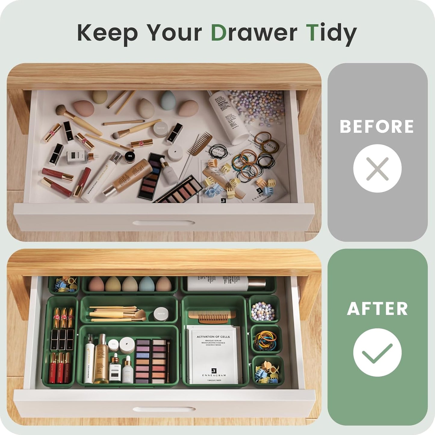 A-LuGei 【Military Grade】 Drawer Organizer, 【𝟱𝗦𝗶𝘇𝗲】 Makeup organizer, 【Holds 177 Items】 Bathroom Organizers and Storage, Organization and Storage, Desk Drawer Organizer for Vanity (Clear)