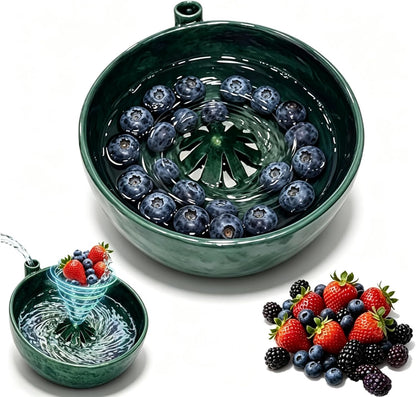 Self Spinning Berry Washing Bowl Ceramic, Automatic Berry Wash Bowl, Fruit and Vegetable Washer with Drain, Berry Bowl for Kitchen Trawberries Blueberries (1, 1pcs)