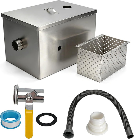 Commercial Grease Trap Interceptor 8-10 LBS, Stainless Steel Oil-Water Separator with 4-Stage Filtration System, Heavy-Duty Under Sink Grease Trap for Restaurant, Kitchen & Food Service