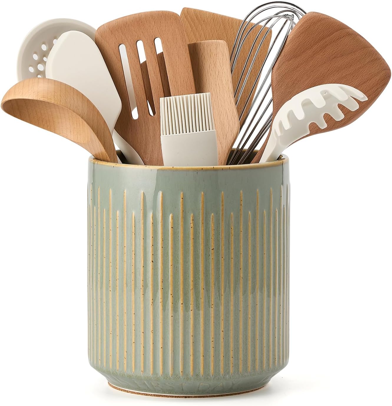 JIEMEI HOME Kitchen Utensil Holder, Ceramic Stable Utensil Crock for Countertop, 7.2" Large Utensil Organizer with Cork Mat, Removable Bamboo Divider for Kitchen Décor and Accessories, Wild Sage Earth