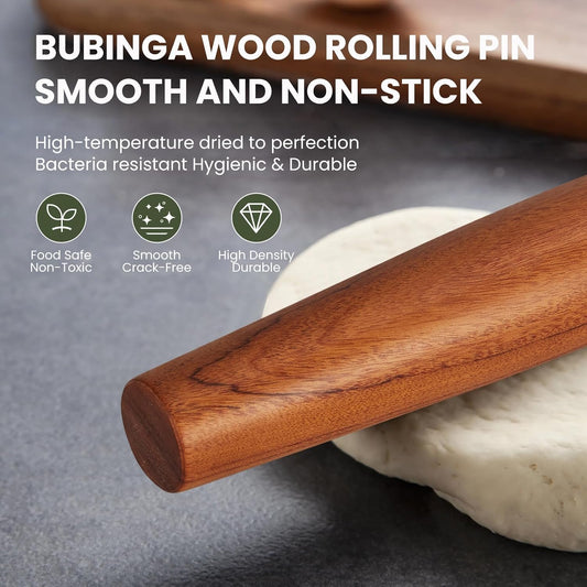 Natural High-Density Solid Bubinga Wood French Rolling Pin | 50% Heavier than Sapele pins | Less Effort | Perfect for Pies, Pastry & Cookies | Protective Fabric Sleeve - Ideal Baking Gift.