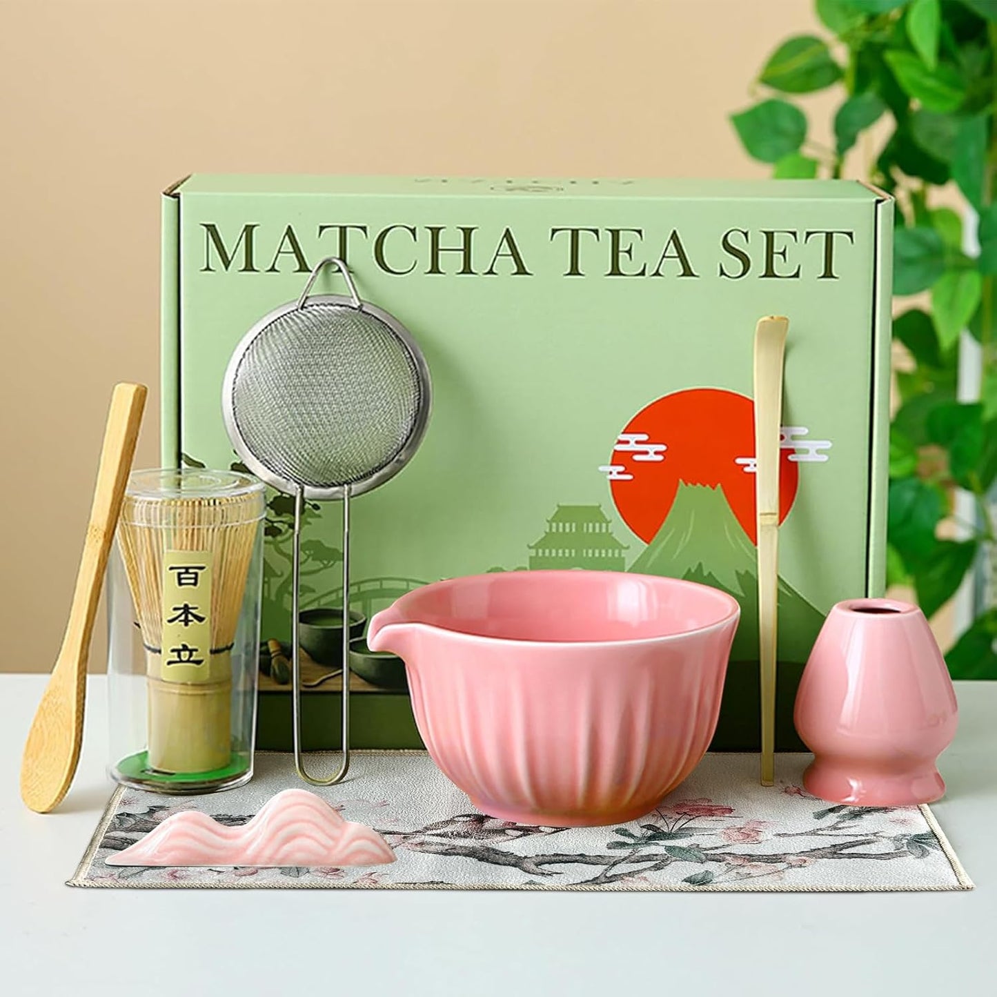 Matcha Whisk Set, 8 Pcs Matcha Kit Set With Pink Cherry Blossom Embossed Pattern Includes 18 OZ Bowl, Bamboo Whisk, Ceramic Holder, Bamboo Scoop x2, Scoop Rest, Stainless Sifter and Tea Towel