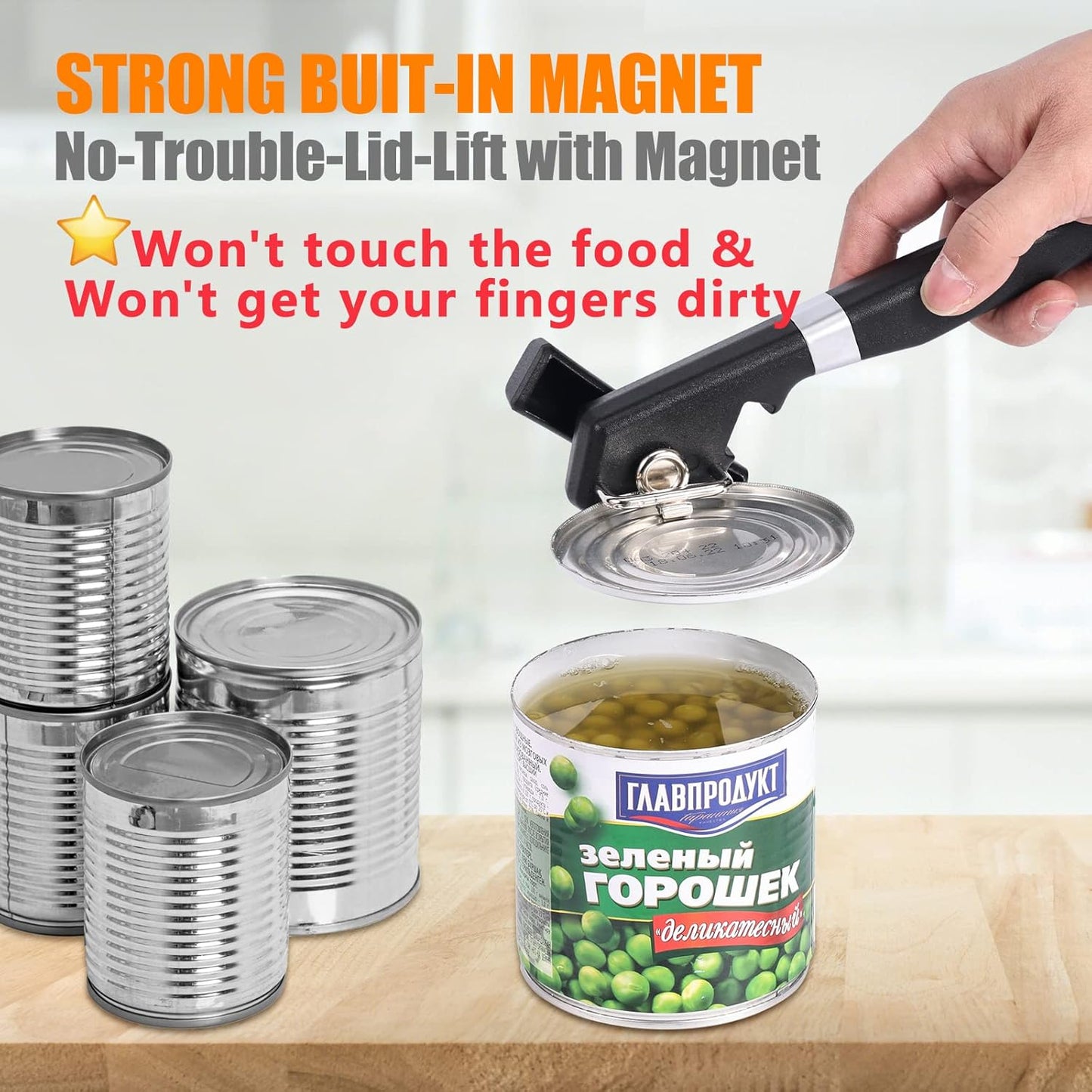 Side Cut Can Opener Smooth Edge, Safety Can Opener with Durable Sharp Blade, Big & Soft Turn Knob & Comfortable Non-Slip Handle, Black