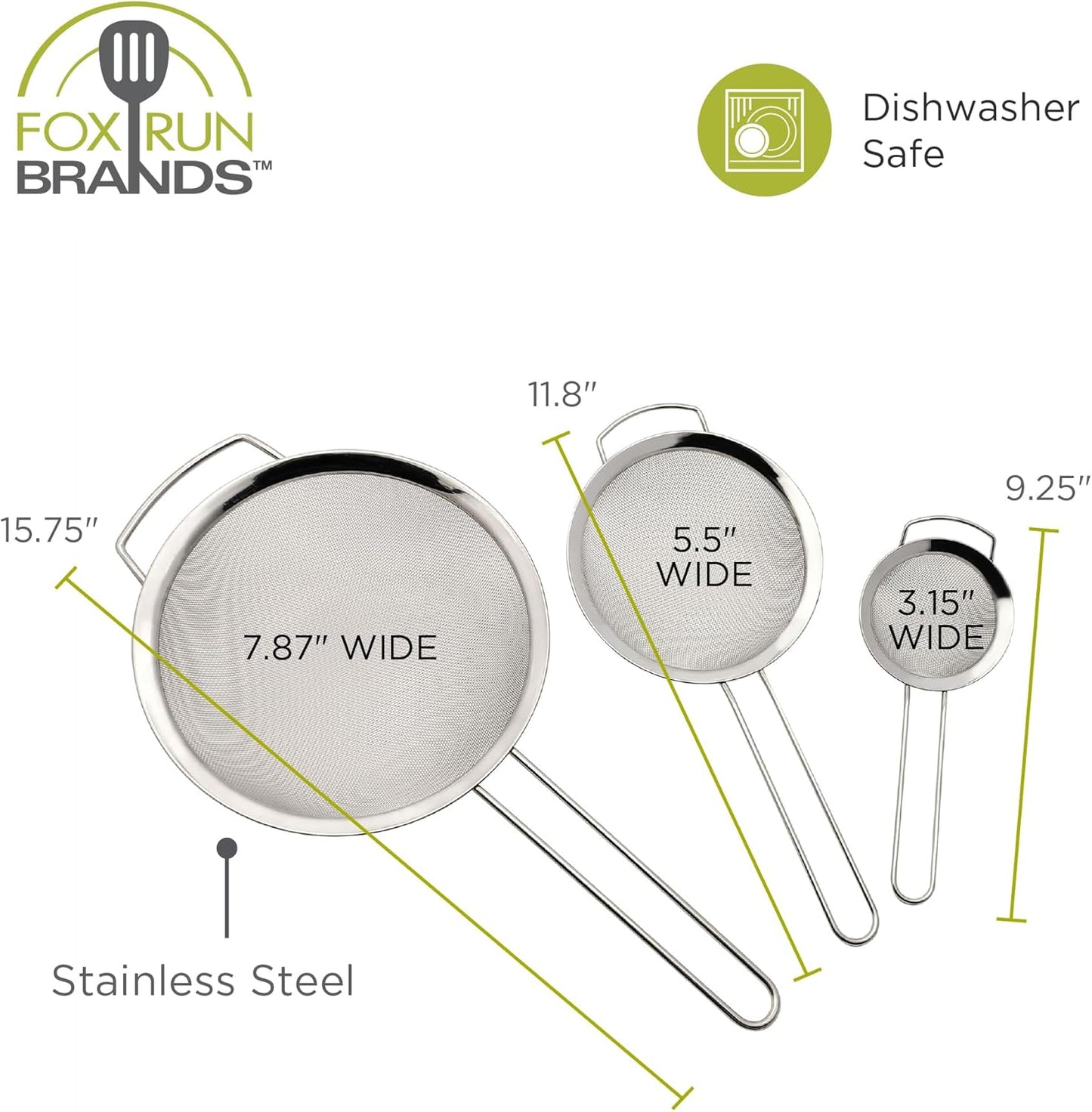 Fox Run Fine Mesh Strainer Set, Set of 3 Stainless Steel Kitchen Strainers with Handles