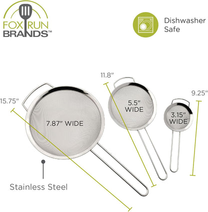 Fox Run Fine Mesh Strainer Set, Set of 3 Stainless Steel Kitchen Strainers with Handles