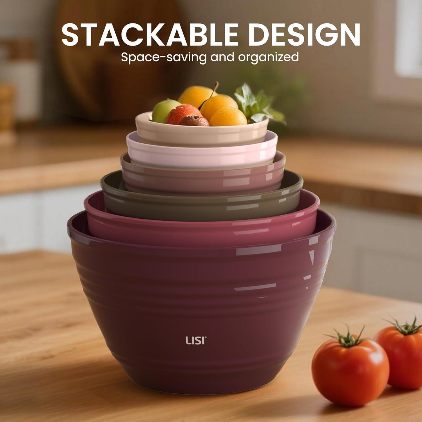 LISI 23Pcs Mixing Bowls Set with Lids, Airtight BPA-Free Nesting Bowls for Mixing, Baking, Cooking & Storage, Dishwasher Safe Serving Bowl, Includes Spatula, Spoons, Brush & Whisk
