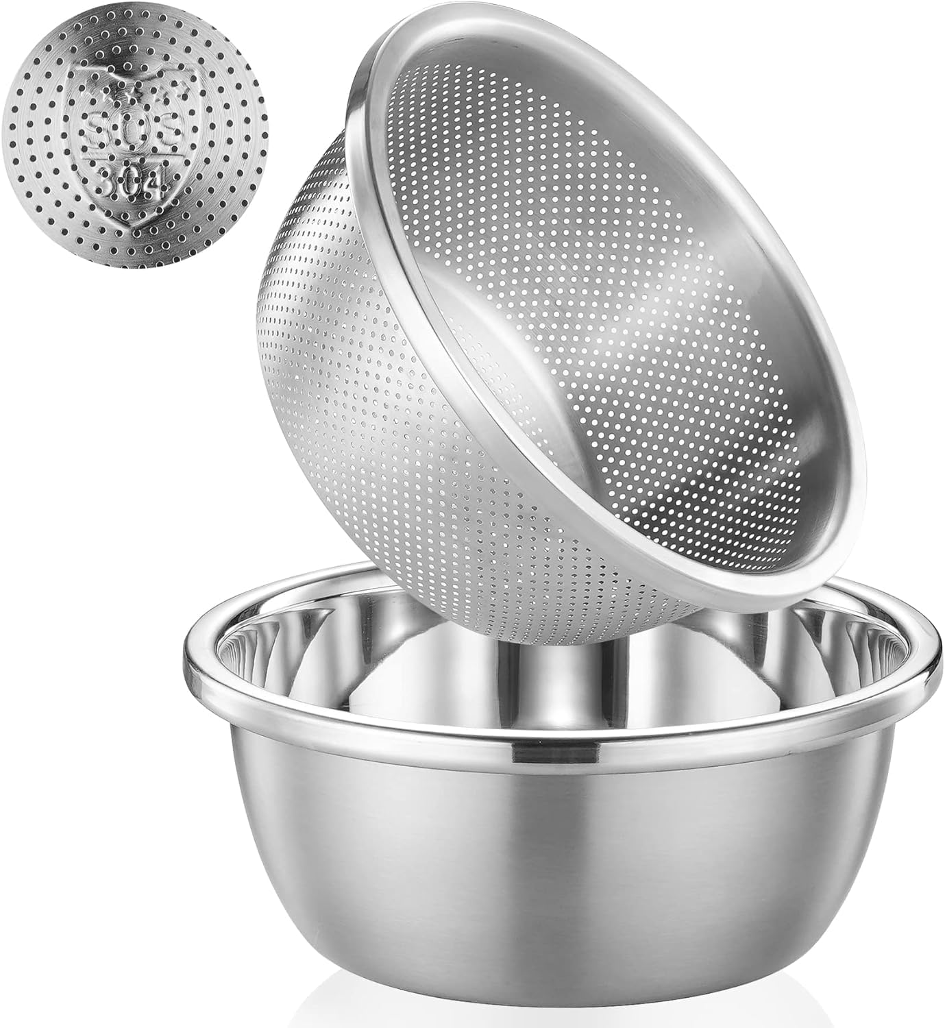 304 Stainless Steel Colander 5QT Microporous Colander & Large Bowl for Kitchen,Rice Strainer with Salad Mixing Bowl for Pasta Straining,Fruit Washing,Vegetable Draining,Food Mixing(2PCs)