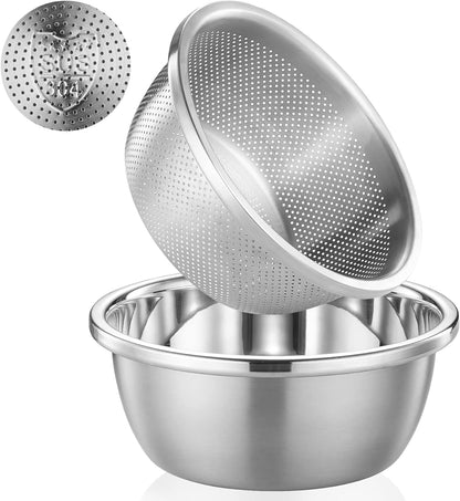 304 Stainless Steel Colander 5QT Microporous Colander & Large Bowl for Kitchen,Rice Strainer with Salad Mixing Bowl for Pasta Straining,Fruit Washing,Vegetable Draining,Food Mixing(2PCs)