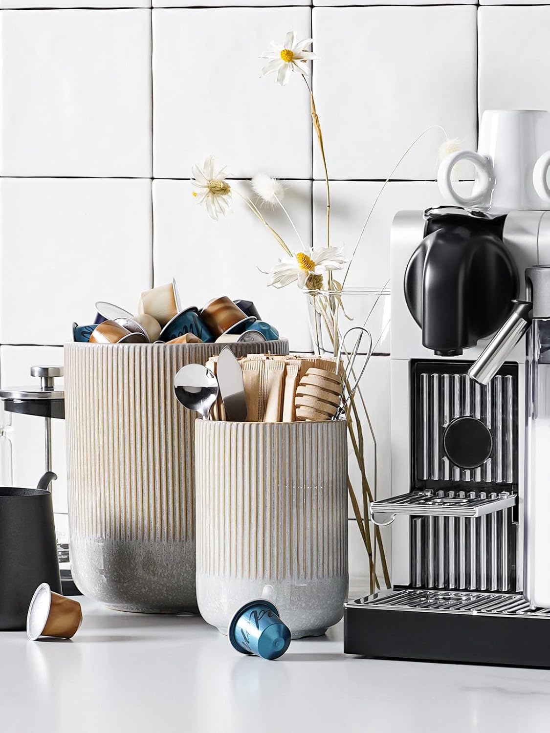 LE TAUCI Utensil Holder for Kitchen Counter, 7.3"+5.4" Fluted Ceramic Utensil Crock Organizer for Countertop, Heavy Large Holder for Spatulas, Spoons, Set of 2, White, Kitchen Counter Decor
