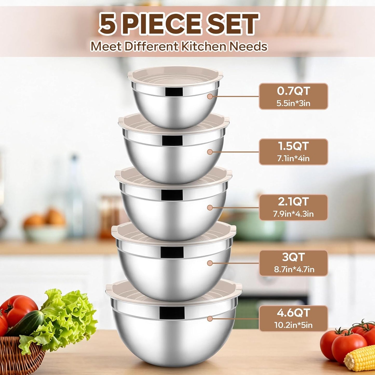 E-far Mixing Bowls with Lids, 6-Piece Stainless Steel Salad Bowls Metal Nesting Bowls for Baking Cooking and Prepping, Airtight Lids & Stackable Design, Size 4.5, 3, 1.5 QT (Black)