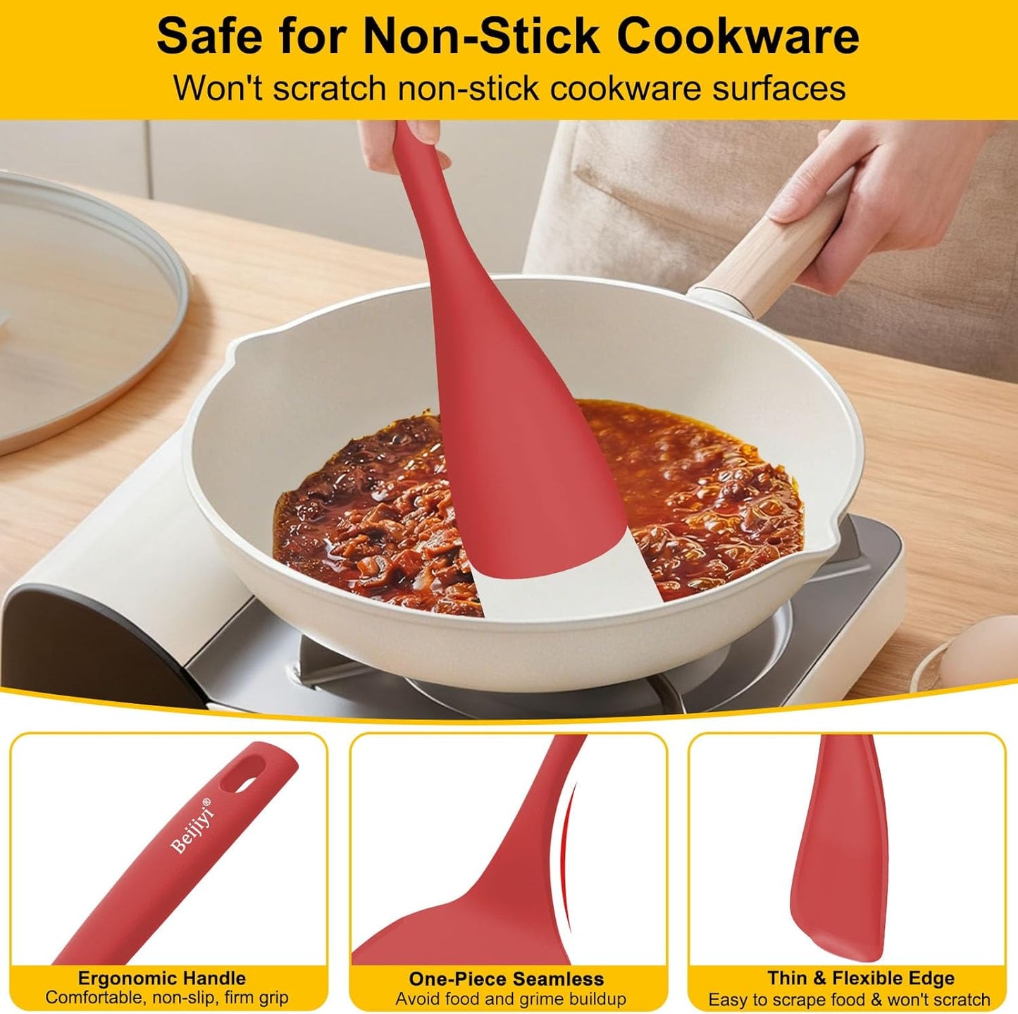 Beijiyi Silicone Spatula Set of 4, 600°F Heat Resistant, BPA Free Kitchen Spatula and Spoons for Nonstick Cookware, Solid & Slotted Turner Cooking Utensils for Serving, Flipping Egg, Pancakes (Khaki)