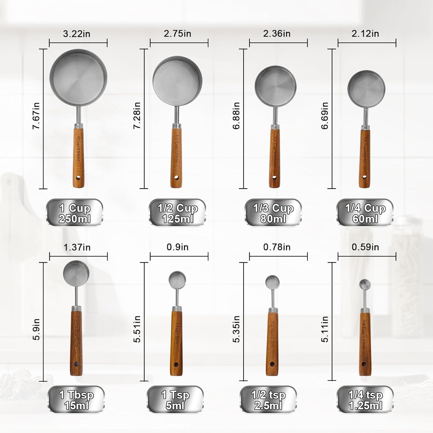 Measuring Cups and Spoons Set,Premium Stainless Steel Measuring Cups and Spoons Set with Wood Handle, 8-Pieces Kitchen Essentials for Baking, Coffee with Ergonomic Grip & Engraved Markings(Silver8)