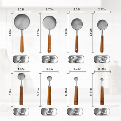 Measuring Cups and Spoons Set,Premium Stainless Steel Measuring Cups and Spoons Set with Wood Handle, 8-Pieces Kitchen Essentials for Baking, Coffee with Ergonomic Grip & Engraved Markings(Silver8)