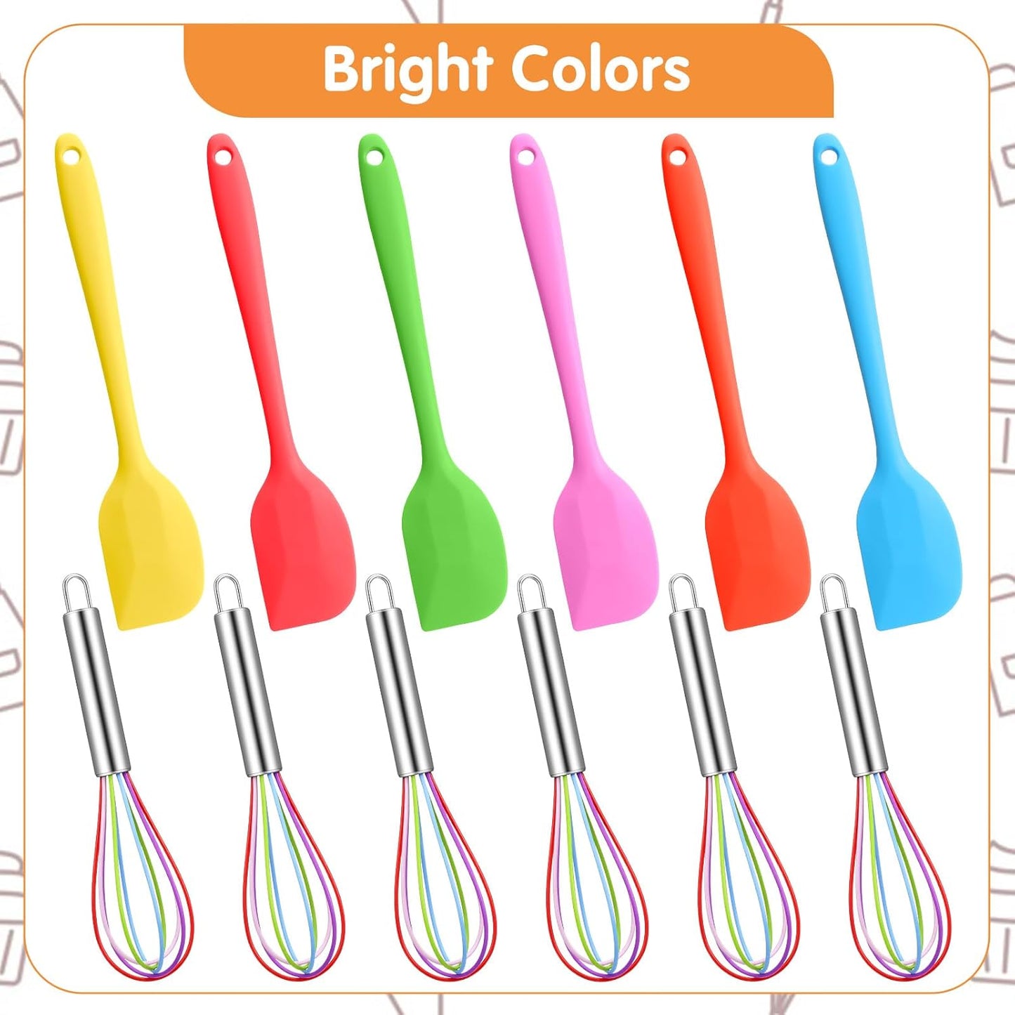 24-Piece Silicone Spatula and Whisks Set: 12 Spatulas (6 Colors) & 12 Colorful 8-Inch Whisks for Baking, Mixing, Cooking - Flexible, Non-Stick, Dishwasher Safe Kitchen Tools