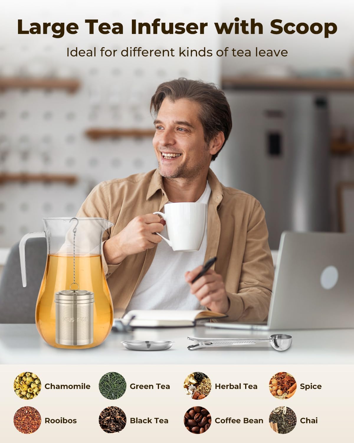 House Again Large Tea Infuser, Extra Fine Mesh Tea Strainers for Loose Tea, 18/8 Stainless Steel Tea Strainer with Extended Chain Hook, Tea Steeper for Brew Tea, Spices & Seasonings, for Multi Cups