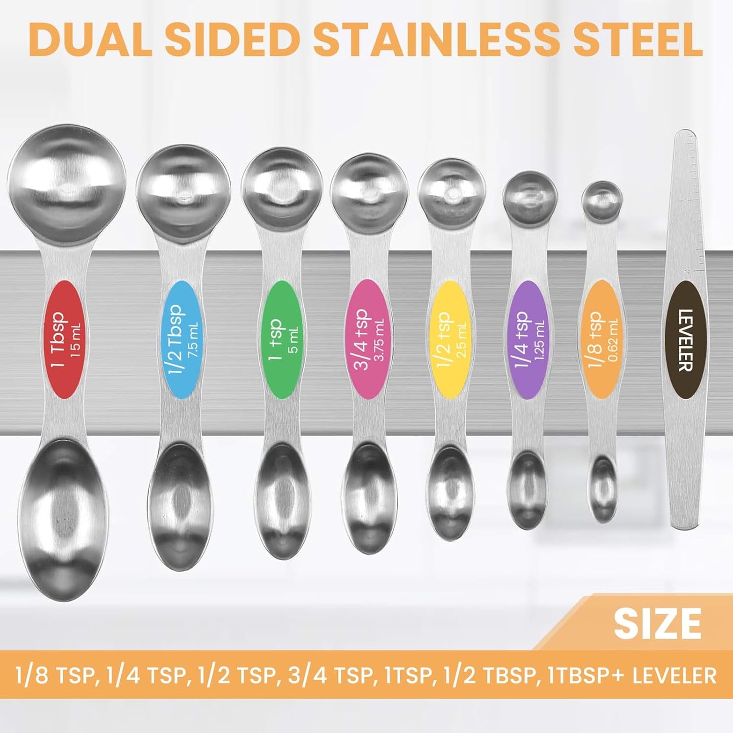 Magnetic Measuring Spoons Set with Leveler, Stainless Steel Metal Tablespoon Measure Spoon for Baking, Cups and Spoon Set Kitchen Gadgets Apartment Essentials Fits in Spice Jars