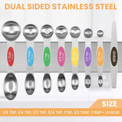 Magnetic Measuring Spoons Set with Leveler, Stainless Steel Metal Tablespoon Measure Spoon for Baking, Cups and Spoon Set Kitchen Gadgets Apartment Essentials Fits in Spice Jars