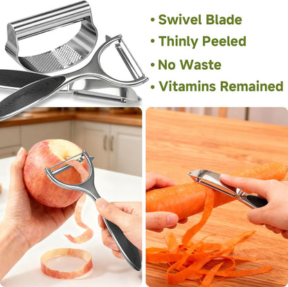 Built-in Bottle Opener Garlic Press Rocker Set Stainless Steel And All-in-One Kitchen Vegetable Peeler, Premium peelers For Kitchen - Ideal For Potato, Apple, Carrot, Fruit And More