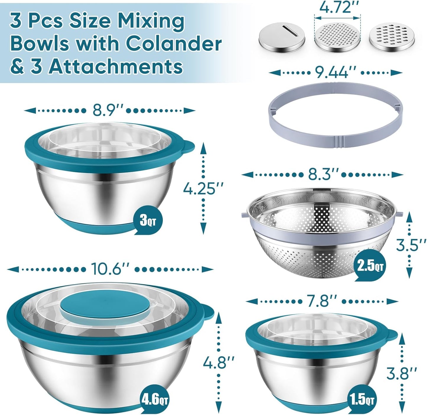 P&P CHEF Mixing Bowls with Lids Set of 3, Stainless Steel Mixing Bowl and Colander for Kitchen, 3 Grater Attachments & Non-Slip Bottoms, Visible & Airtight Lid, Khaki