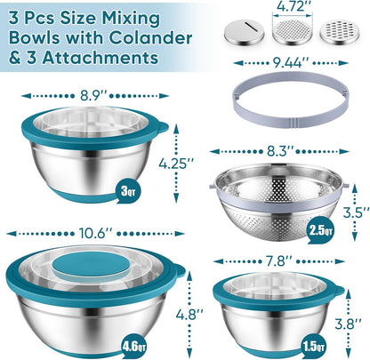 P&P CHEF Mixing Bowls with Lids Set of 3, Stainless Steel Mixing Bowl and Colander for Kitchen, 3 Grater Attachments & Non-Slip Bottoms, Visible & Airtight Lid, Khaki