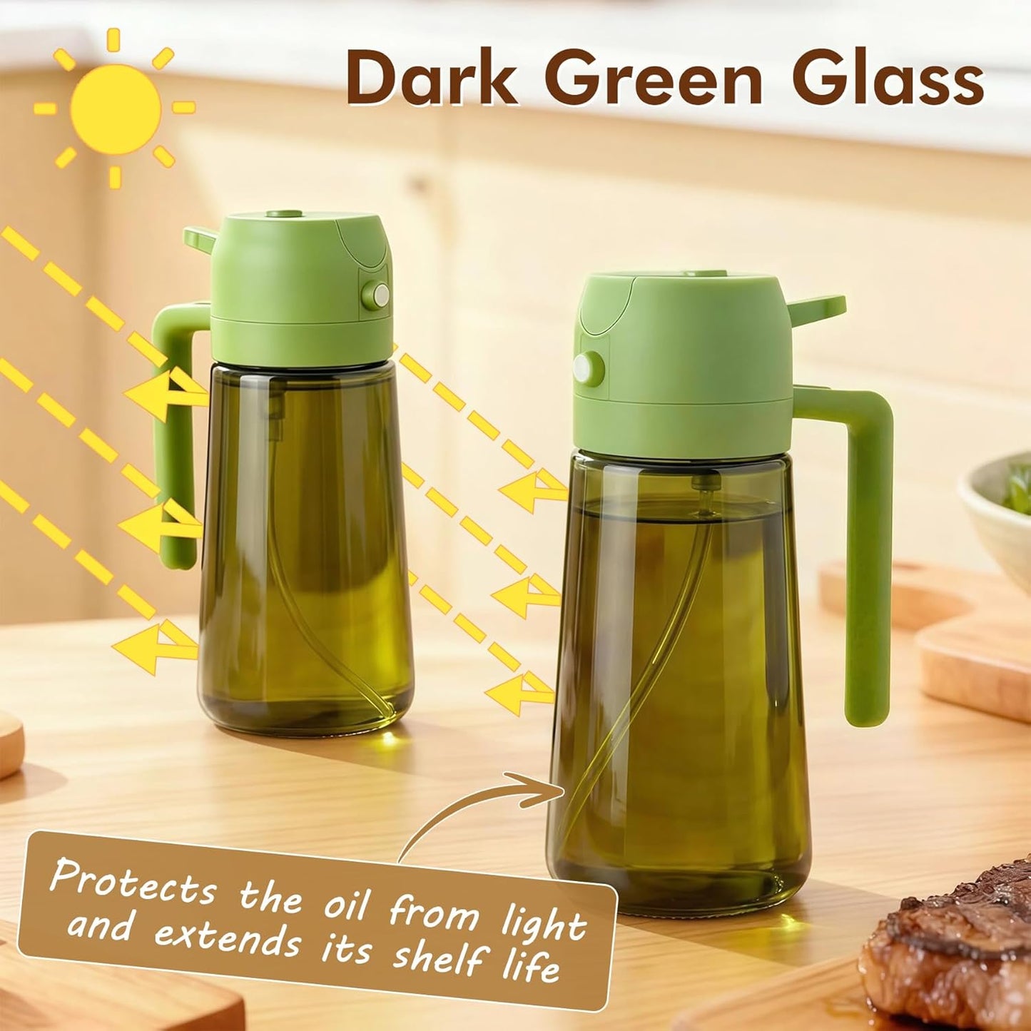 Poshetion 2 in 1 Olive Oil Sprayer for Cooking, 16oz Light-Proof Oil Dispenser for Kitchen, Leak-Proof Oil Spray Bottle for Air Fryer, Salad, BBQ, Baking, Grilling - Black & Green