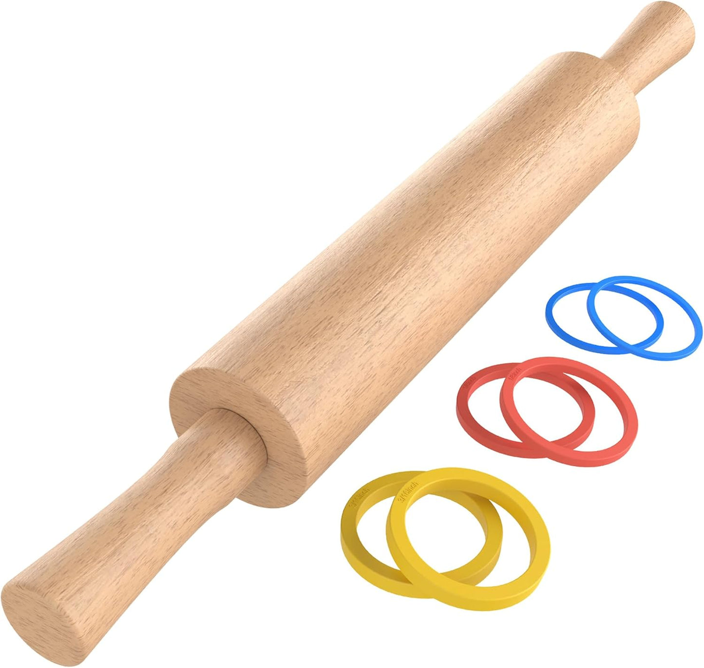 Classic Wooden Rolling Pin with Handle and Pastry Mat for Fondant, Pizza, Pies, Cookies, Rolling Pin for Baking with 3 Multi-Color Thickness Rings, 17" x 2.5" Natural Beechwood