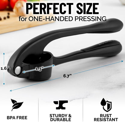 Zulay Kitchen Premium Garlic Press Set - Rust Proof Professional Garlic Mincer Tool - Easy-Squeeze, Easy-Clean with Soft, Ergonomic Handle - Silicone Garlic Peeler & Brush (Silver)