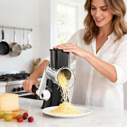 Ourokhome Rotary Cheese Grater Hand Crank, Kitchen Shredder Speed Mandolin Slicer Nut Grinder with Handle and Drum Blades for Cheese, Vegetable, Walnut, Chocolate, Potato, Carrot, 3 Blades, Dark Blue