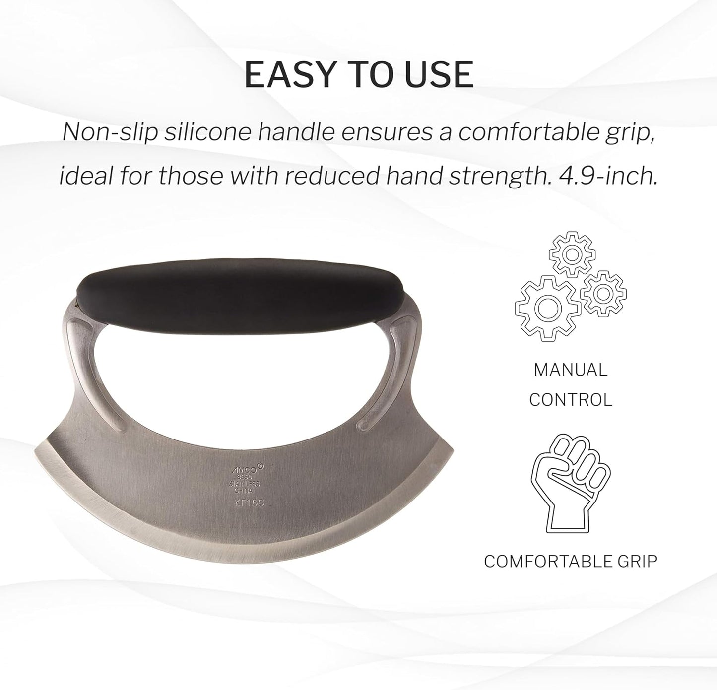 Amco Mezzaluna Herb Chopper with Silicone Handle & Stainless Steel Blade - 4.9" Dishwasher Safe Chopping Tool for Herbs, Vegetables & Garlic - Non-Slip Grip, Easy to Use & Comfortable to Hold