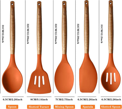 Kitchen Utensils Set, Silicone Cooking Utensils Set,Non-Stick Silicone Spatula Set with Natural Acacia Hard Wood Handle, 5 Piece, Upgraded Thickened Cookware