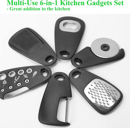 Kitchen Gadgets Set 6 Pieces, Space Saving Cooking Tools Kitchen Accessories-Garlic/Ginger Grinder, Cheese Grater, Vegetable/Fruit Peeler, Pizza Cutter, Herb Stripper, Bottle Opener, Gadgets Gift Set