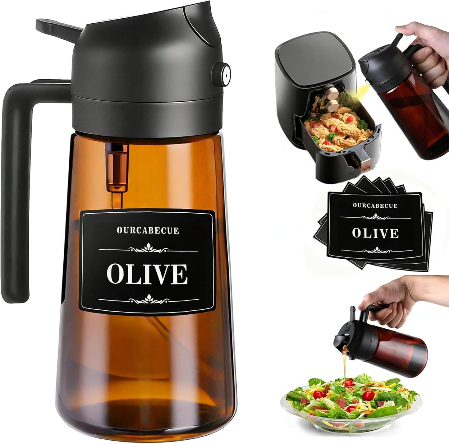 OURCABECUE 2 in 1 Olive Oil Sprayer for Cooking, 16oz/470ml Light-Blocking Dark Olive Oil Dispenser Bottle for Kitchen, Food-Grade Glass Oil Mister with 8 Oil Stickers