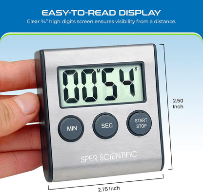 Sper Scientific 24-Hour Digital Lab + Kitchen Timer with LED Light 810001 - Precision Countdown Timer with Large Display, Loud Alarm & Clock Mode - for Cooking, Lab Experiments & More