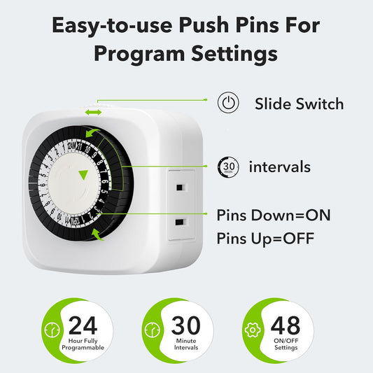 HBN Indoor Mini 24-Hour Mechanical Outlet Timer, for Electrical Outlets, 30 Minute Intervals, 3-Prong, 2-Pack, Light Timer for Indoor Lighting, ETL Listed