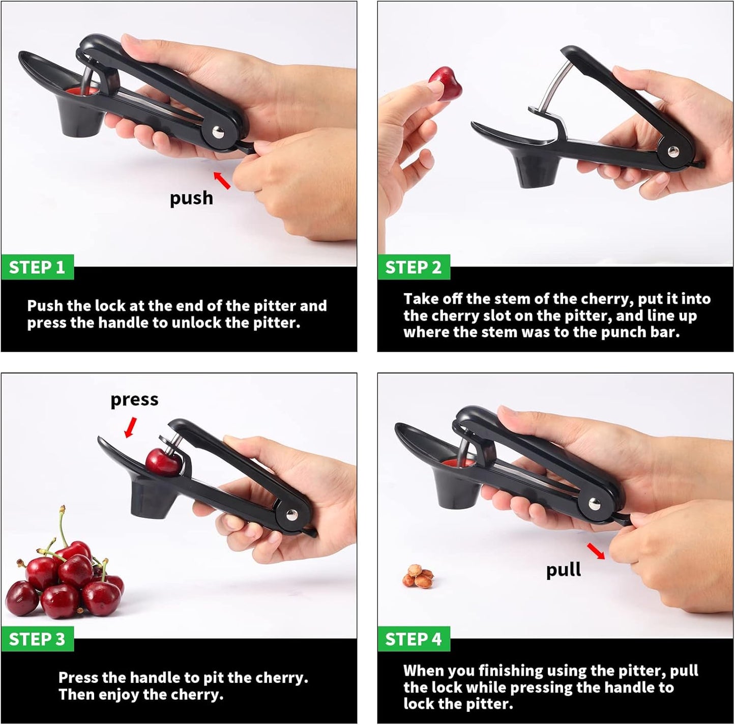 2 Packs Cherry Pitter Tools, Cherry Seed Core Remover Olives Pitter Tool, Stainless Steel Cherries Corer with Space-Saving Lock Design (Black & Green)