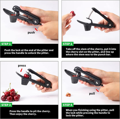 2 Packs Cherry Pitter Tools, Cherry Seed Core Remover Olives Pitter Tool, Stainless Steel Cherries Corer with Space-Saving Lock Design (Black & Green)