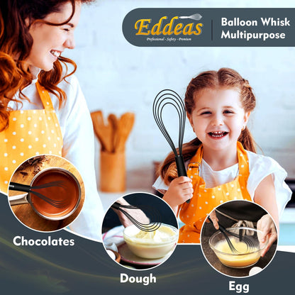 Whisks For Cooking - 500 °F Heat Resistant Silicone Whisk, Heavy Duty 7",9"&11inch Non-Scratch Balloon Kitchen Wisk tool Set, for cooking Wisking, Blending, Beating, Stirring, 3 Piece Black