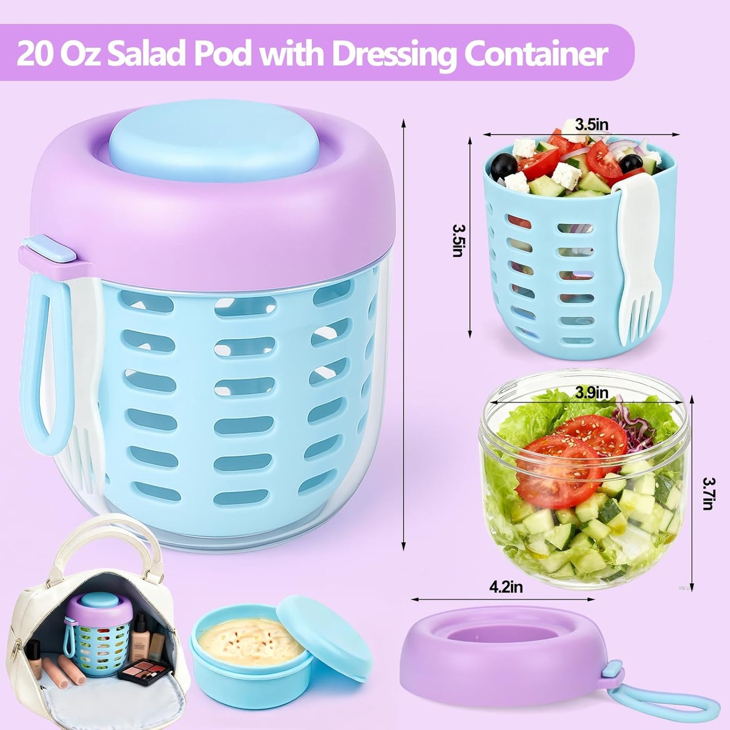 Mity rain Salad Pod with Dressing Container, Salad Jar with Inner Layer & Spoon, Salads Jars Pods with Lids, Microwave/Dishwasher/Freezer Safe Ideal for Meal Prep Office Home Travel